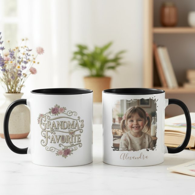 Grandma's Favourite Floral Typography Photo Mug (Personalized Grandma photo mug)