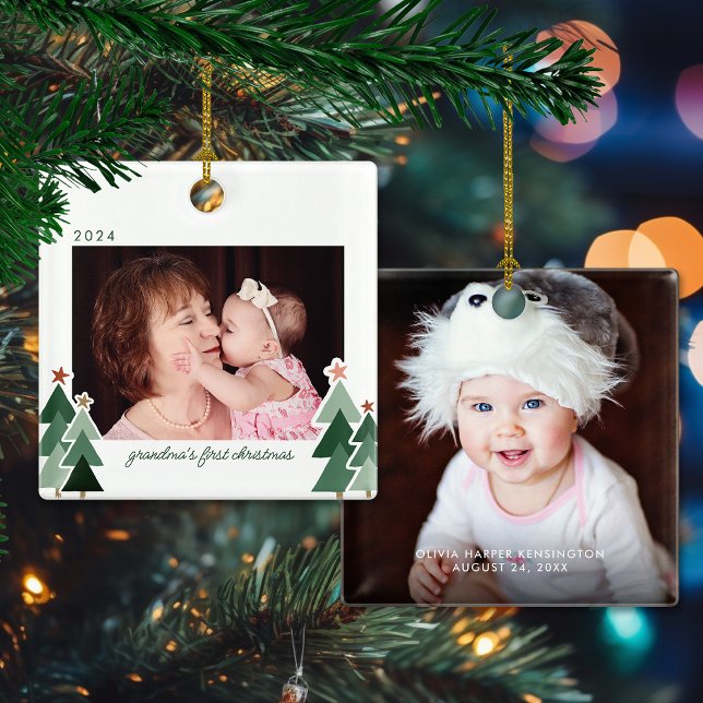 Grandma's First Christmas Rustic Trees 2 Photos Ceramic Ornament (Grandma's First Christmas Rustic Trees 2 Photos Ceramic Ornament)
