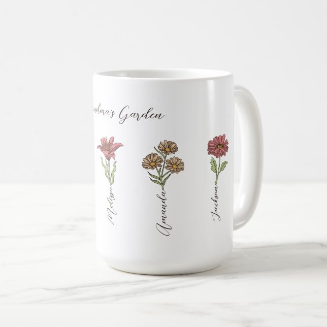 Grandma's Flower Garden 5 Grandkids Name Floral Coffee Mug (Front Right)