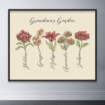 Grandma's Flower Garden 5 Grandkids Name Floral Poster<br><div class="desc">This Grandma's Garden Flower and Grandkids Name custom design is a delightful blend of vintage charm and personalised warmth. It is the perfect addition to any grandmother's haven, bringing the beauty of a botanical garden right into her home. Featuring a stunning vintage flower illustration that captures the essence of grandma's...</div>