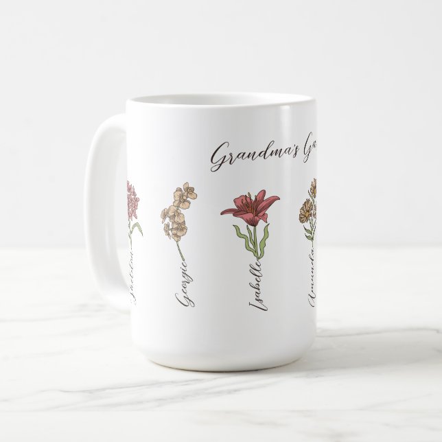 Grandma's Flower Garden 6 Grandkids Name Floral Coffee Mug (Front Left)