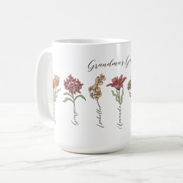Grandma's Flower Garden 7 Grandkids Name Floral Coffee Mug (Front Left)