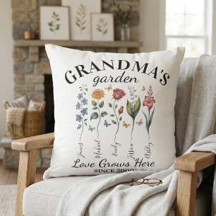 Grandma's Garden Birth Flowers Love Grows Here Cushion