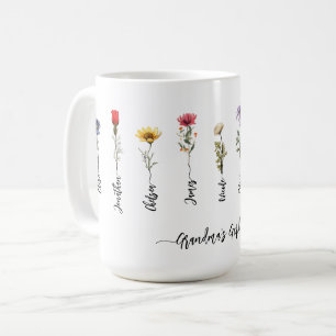 Grandma's Garden Custom 9 Names Script Wildflowers Coffee Mug