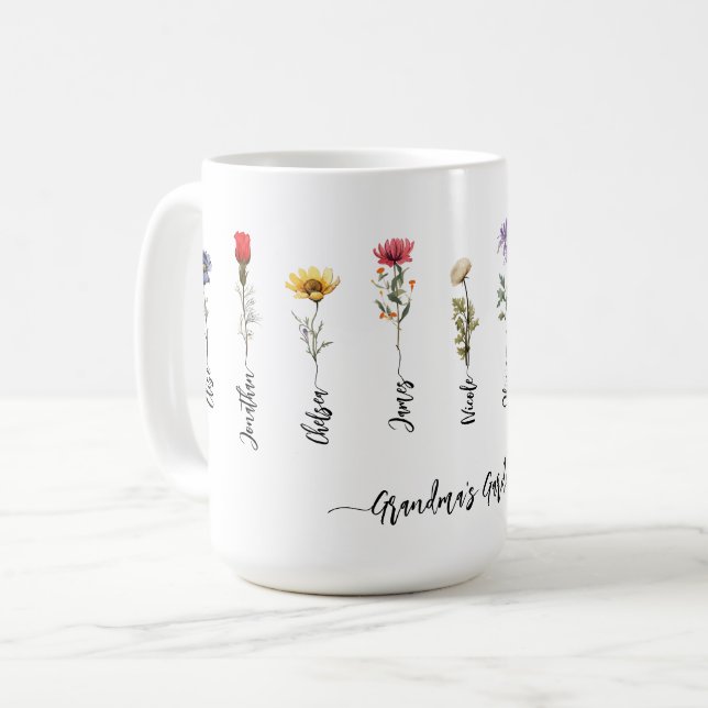 Grandma's Garden Custom 9 Names Script Wildflowers Coffee Mug (Front Left)