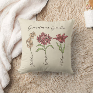 Grandma's Garden Flower 3 Grandkids Name Floral Cushion