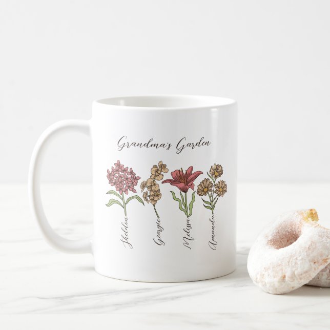 Grandma's Garden Flower 4 Grandkids Name Floral Coffee Mug (With Donut)
