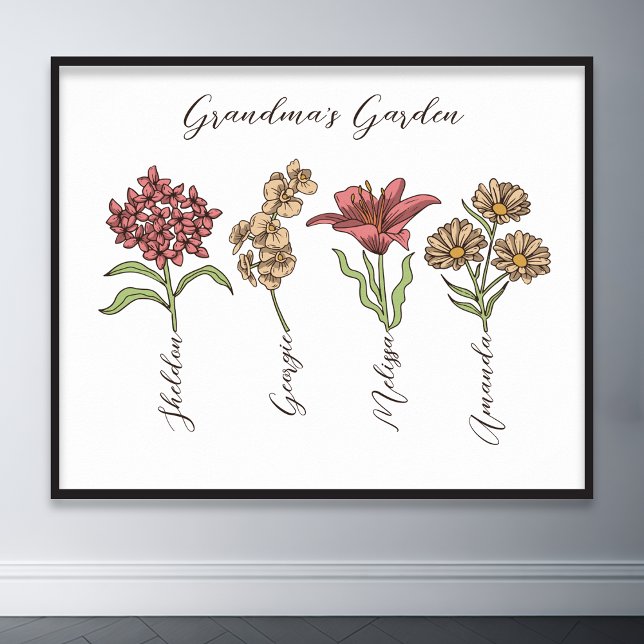 Grandma's Garden Flower 4 Grandkids Name Floral Poster (grandma flower garden grandkids names floral poster)