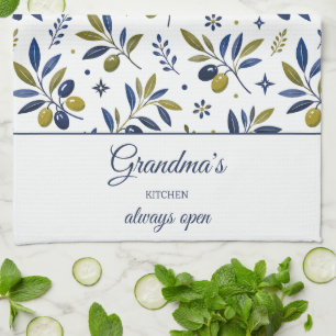 Grandma's Kitchen Always Open Olive Branch Pattern Tea Towel