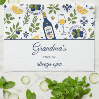Grandma's Kitchen Always Open Olives Wine Pattern Tea Towel