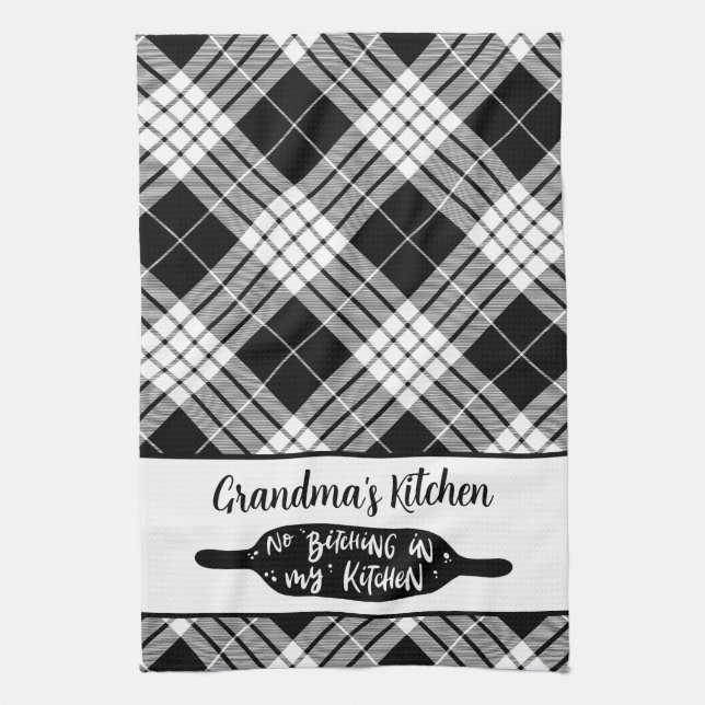 Grandma's Kitchen Black and White Plaid Tea Towel (Vertical)