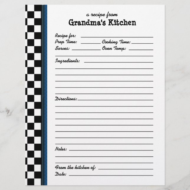Grandmas Kitchen Chequered Blue Accent Recipe (Front)