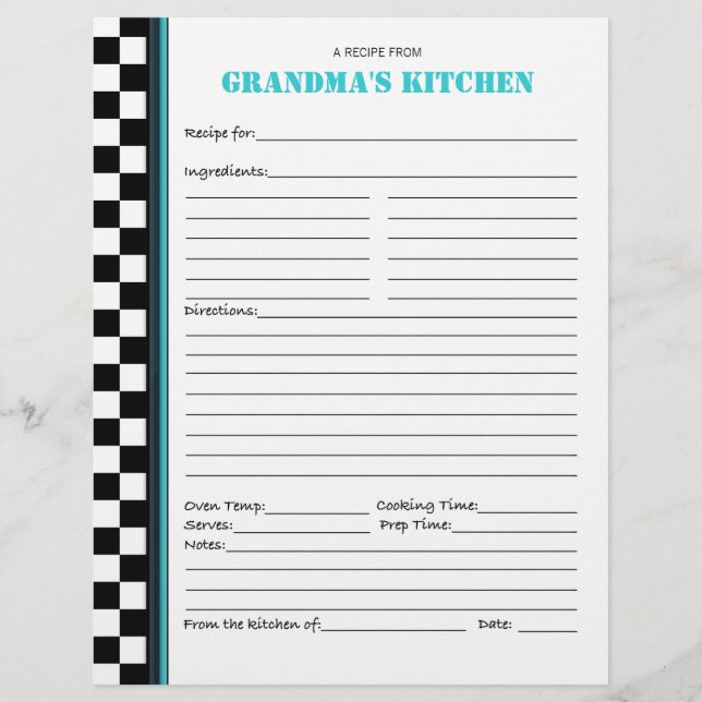 Grandma's Kitchen Chequered Recipe Stencil (Front)