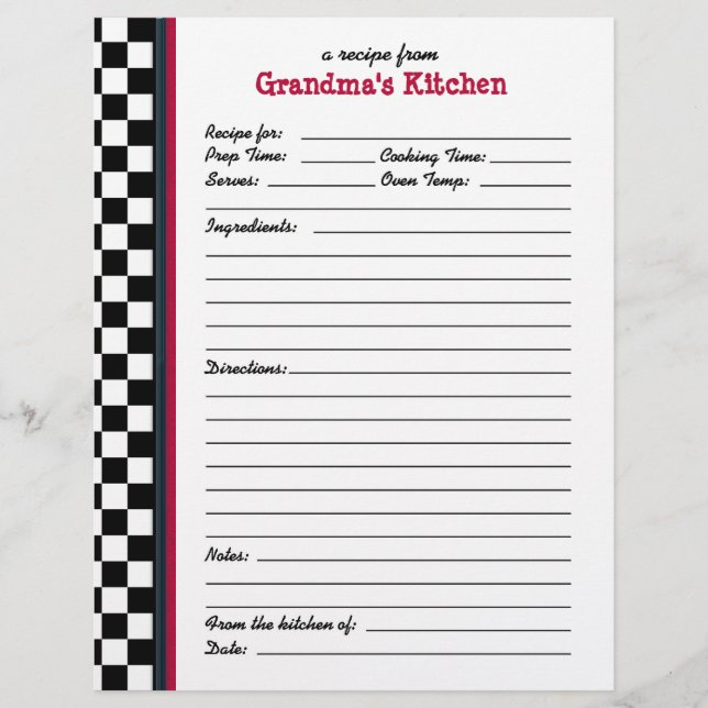 Grandmas Kitchen Chequered Red Accent Recipe Page (Front)