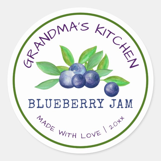 Grandma's Kitchen Made with Love Blueberry  Jam  Classic Round Sticker (Front)