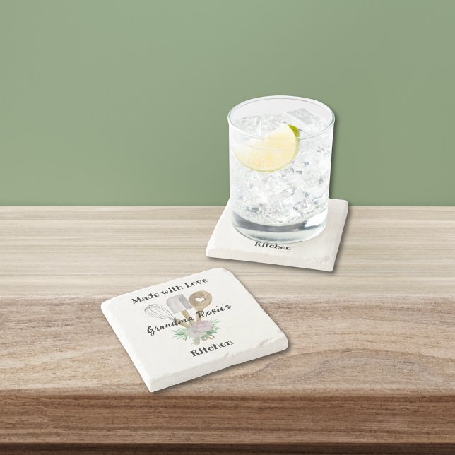 Grandma's Kitchen | Made With Love Personalised Stone Coaster (Grandma will love these custom coasters with her name & watercolor utensils. Customize for anyone.)