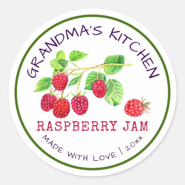 Grandma's Kitchen Made with Love Raspberry Jam Classic Round Sticker (Front)