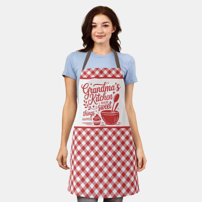 Grandma's Kitchen Red White Plaid  Apron (Worn)