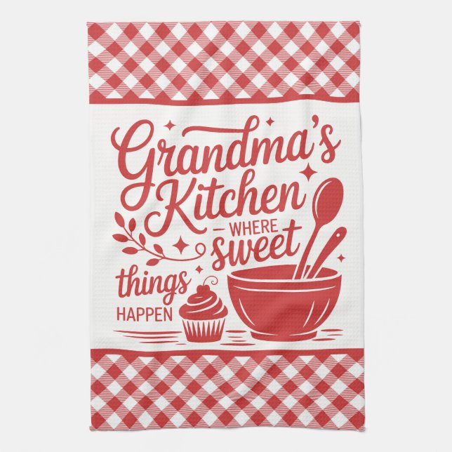 Grandma's Kitchen Red White Plaid Cooking Tea Towel (Vertical)