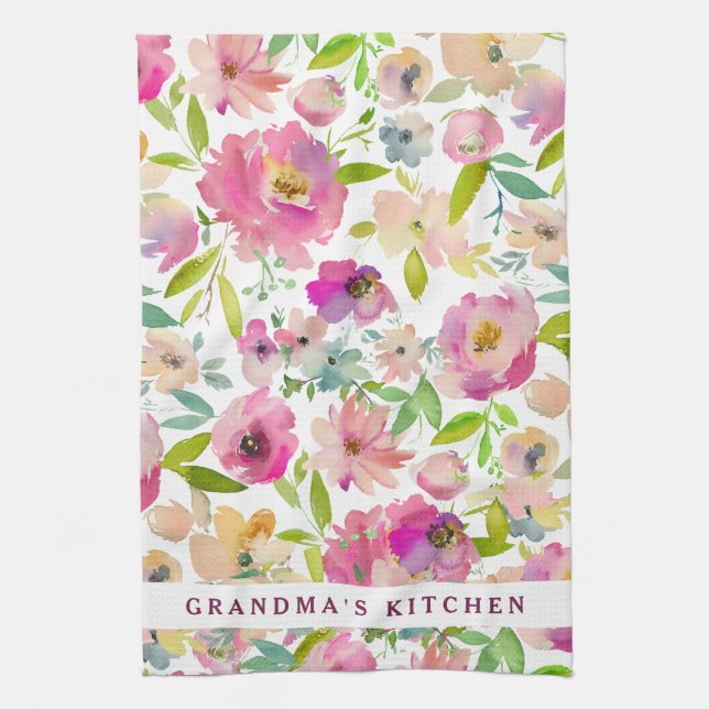 Grandma's Kitchen Watercolor Floral Personalised Tea Towel (Vertical)