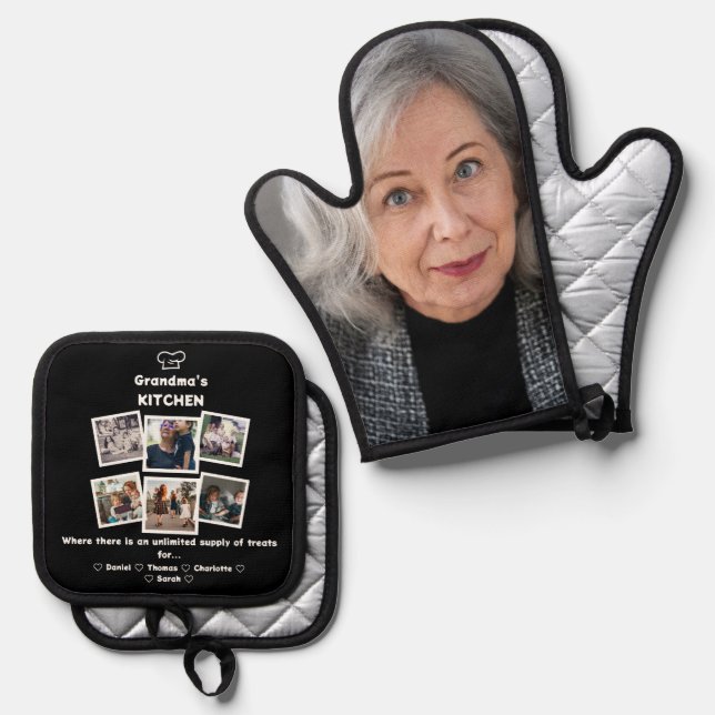 Grandma's Kitchen With Family photo Collage & Name Oven Mitt & Pot Holder Set (Front/Back)