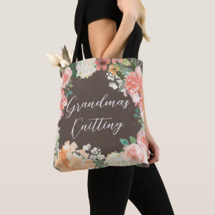 Grandma's Knitting Colour Peach Watercolor Floral Tote Bag