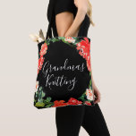 Grandma's Knitting Red Watercolor Floral Black Tote Bag<br><div class="desc">Custom colour background and all over printing with painted red and forest green watercolor floral edges. Editable text,  fonts and background colour.</div>