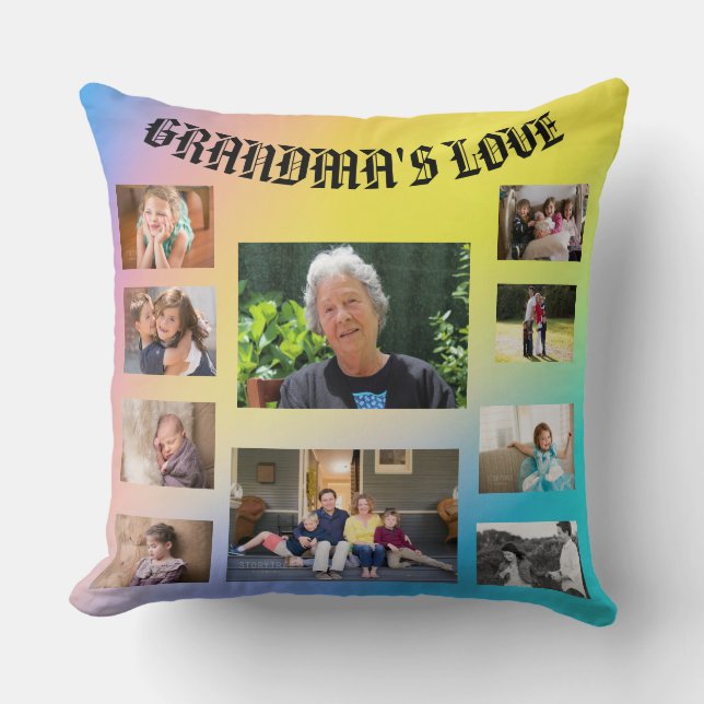 Grandma's Love 10 Photos Blue Yellow Pink Cushion (Front)