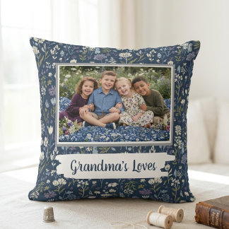 Grandma's Loves Navy Floral Photo Cushion