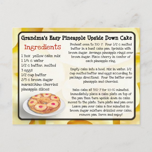 Grandma's Pineapple Upside Down Cake Recipe Card (Front)