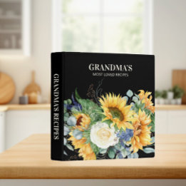 Grandma's Recipe Cookbook Yellow Sunflowers Black 3 Ring Binder