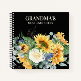 Grandma's Recipe Cookbook Yellow Sunflowers Black Notebook