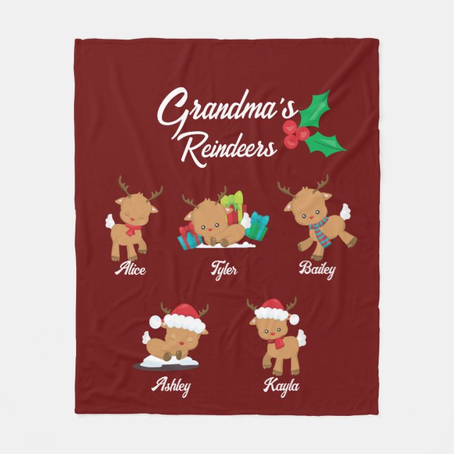 Grandma's Reindeer 5 Custom Grandkids Names Xmas Fleece Blanket (Front)