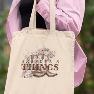 Grandma's Things Western Cowboy Boots With Flowers Tote Bag