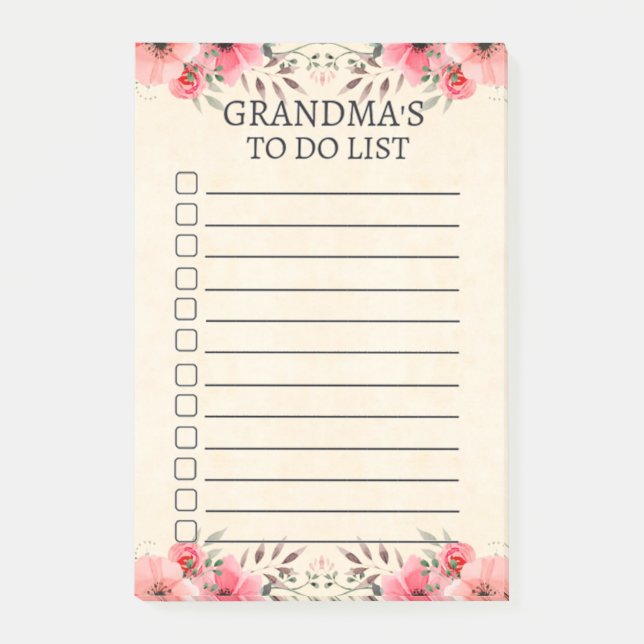 Grandma's To Do List Modern Floral Post-It Notes (Front)