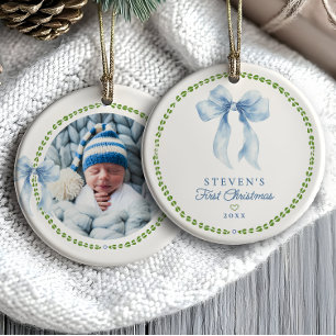 Grandmillenial Bows Baby's First Christmas Photo Ceramic Tree Decoration