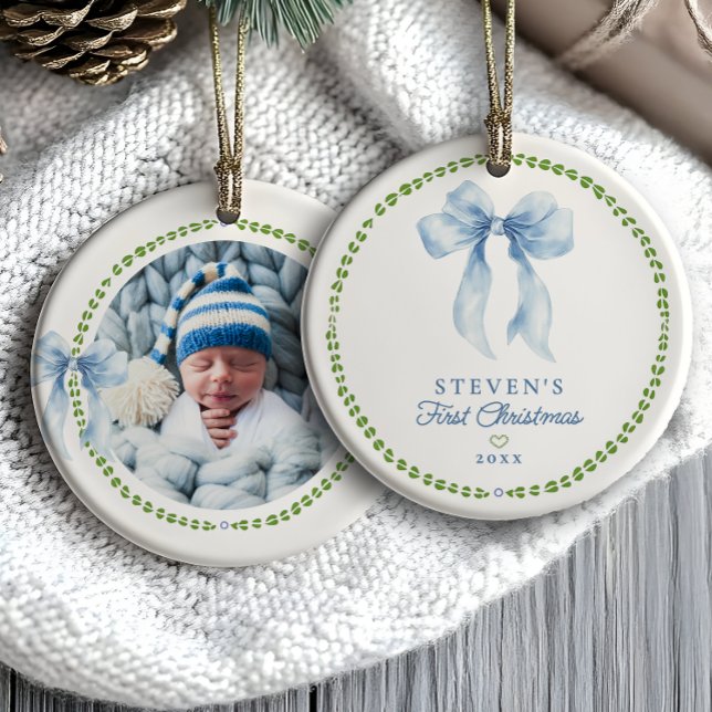 Grandmillenial Bows Baby's First Christmas Photo Ceramic Tree Decoration (Creator Uploaded)