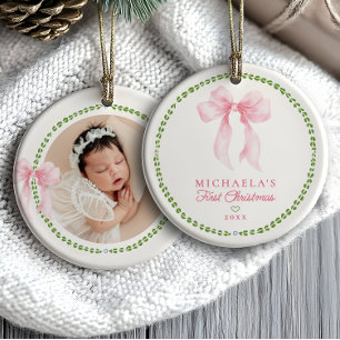 Grandmillenial Bows Baby's First Christmas Photo Ceramic Tree Decoration