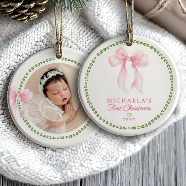 Grandmillenial Bows Baby's First Christmas Photo Ceramic Tree Decoration (Creator Uploaded)