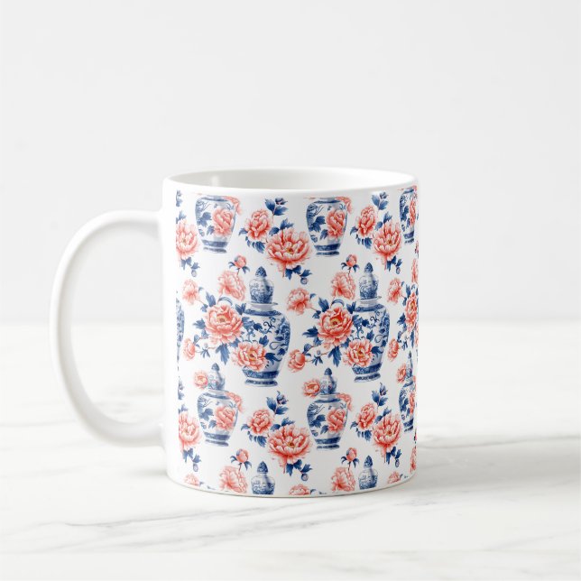 Grandmillenial Chinoiserie Ginger Jar Pink Peonies Coffee Mug (Left)