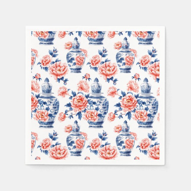 Grandmillenial Chinoiserie Ginger Jar Pink Peonies Napkin (Front)