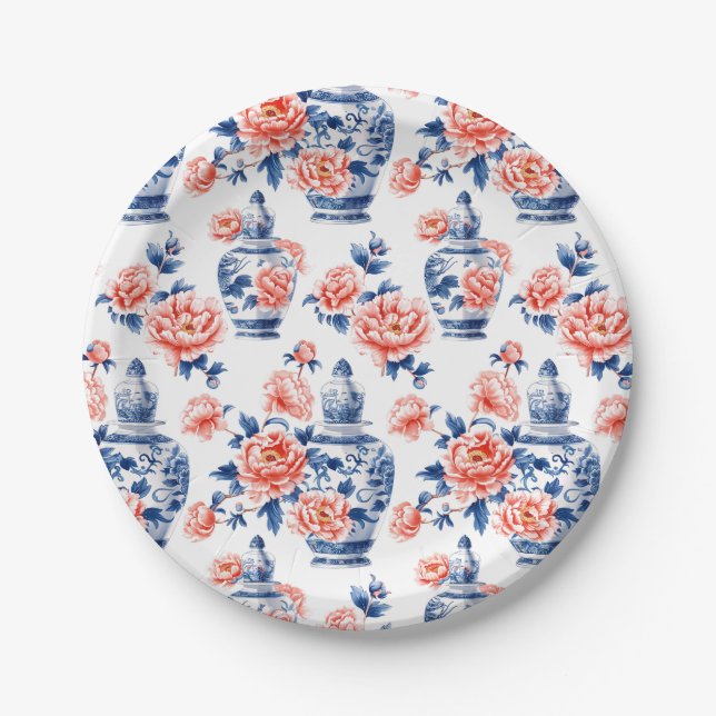 Grandmillenial Chinoiserie Ginger Jar Pink Peonies Paper Plate (Front)