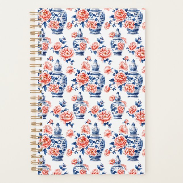 Grandmillenial Chinoiserie Ginger Jar Pink Peonies Planner (Front)