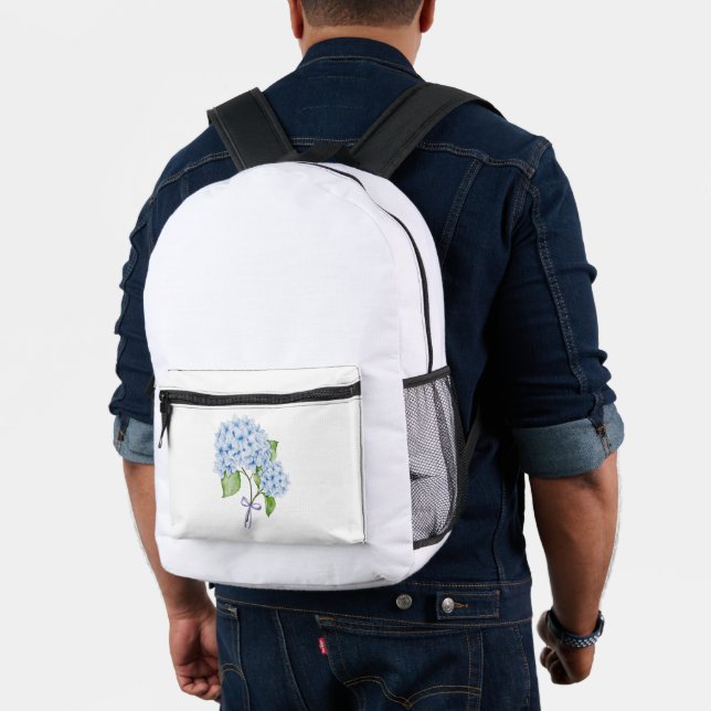 Grandmillenial floral hydrangea bow blue preppy printed backpack (Insitu (Model))