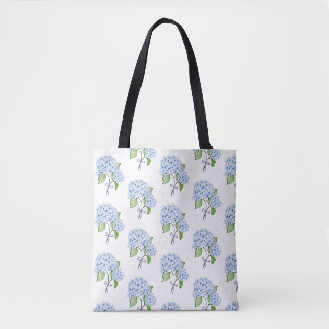 Grandmillenial floral hydrangea bow blue preppy tote bag (Front)