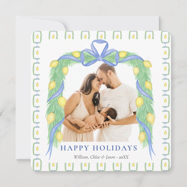 Grandmillenial Lemon Blue Chinoiserie One Photo Holiday Card (Front)