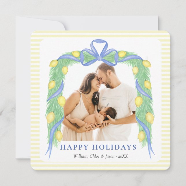 Grandmillenial Lemon Blue Chinoiserie One Photo Holiday Card (Front)