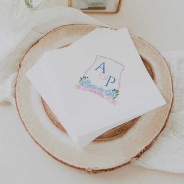 Grandmillenial Pink & Blue Hydrangea Wedding Crest Napkin (Pink and blue hydrangea monogram wedding crest napkins)