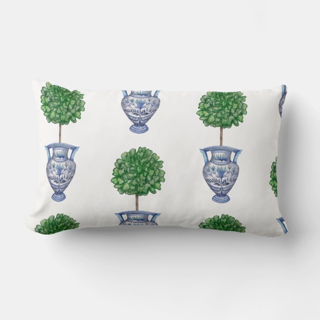 Grandmillenial preppy topiary blue  lumbar cushion (Front)