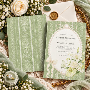 Grandmillenial Sage Green Floral Elegant Wedding Invitation